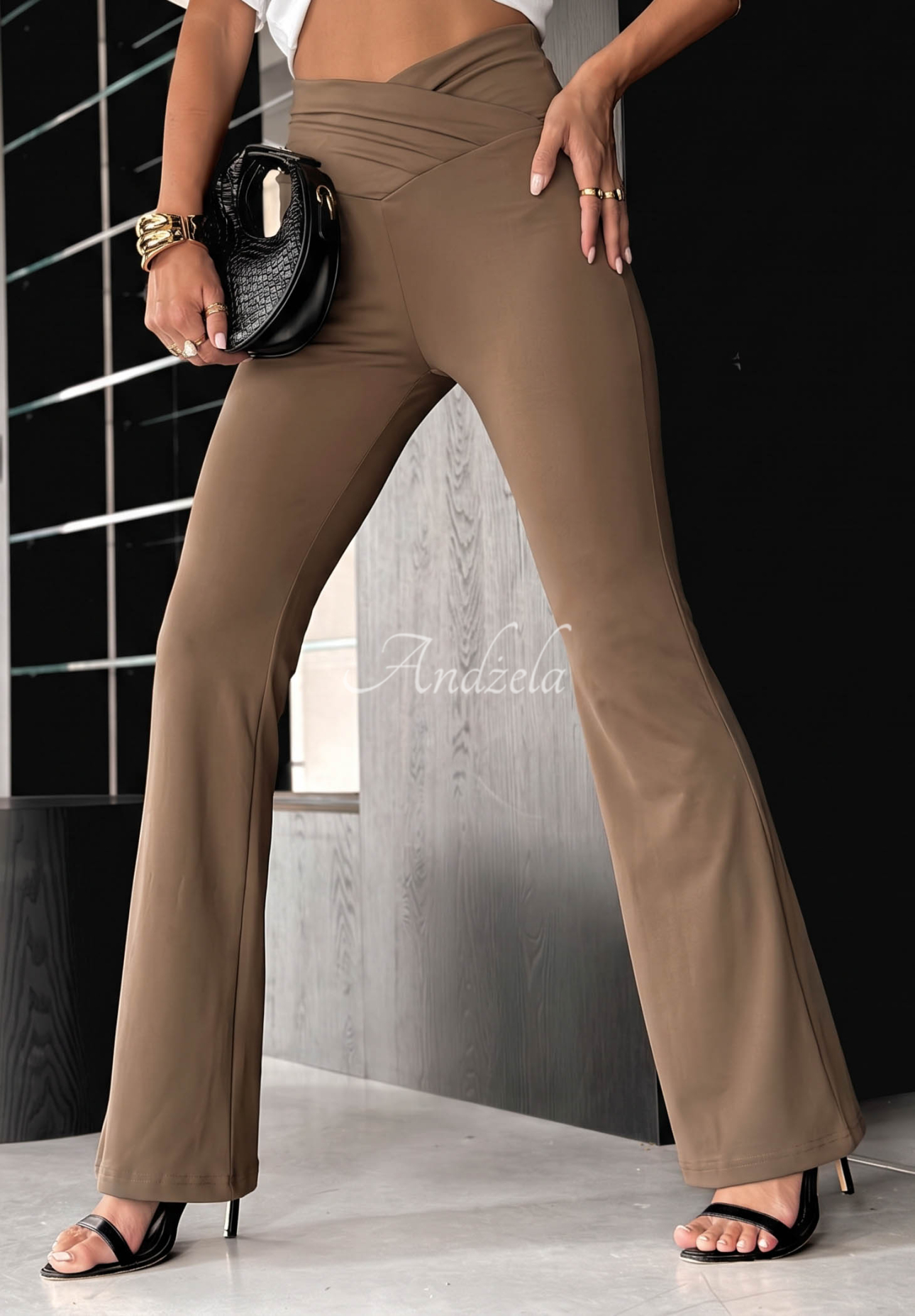 Talk With Me Camel-Colored Viscose Bell-Bottom Leggings with Ruffles