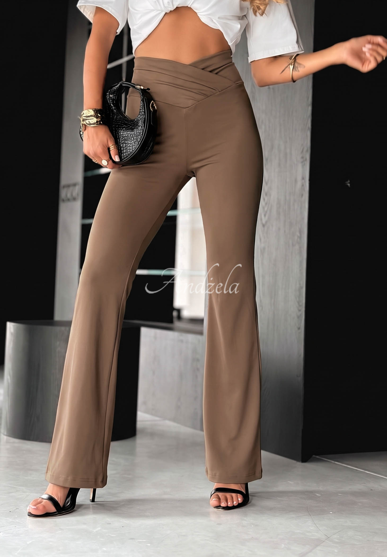 Talk With Me Camel-Colored Viscose Bell-Bottom Leggings with Ruffles