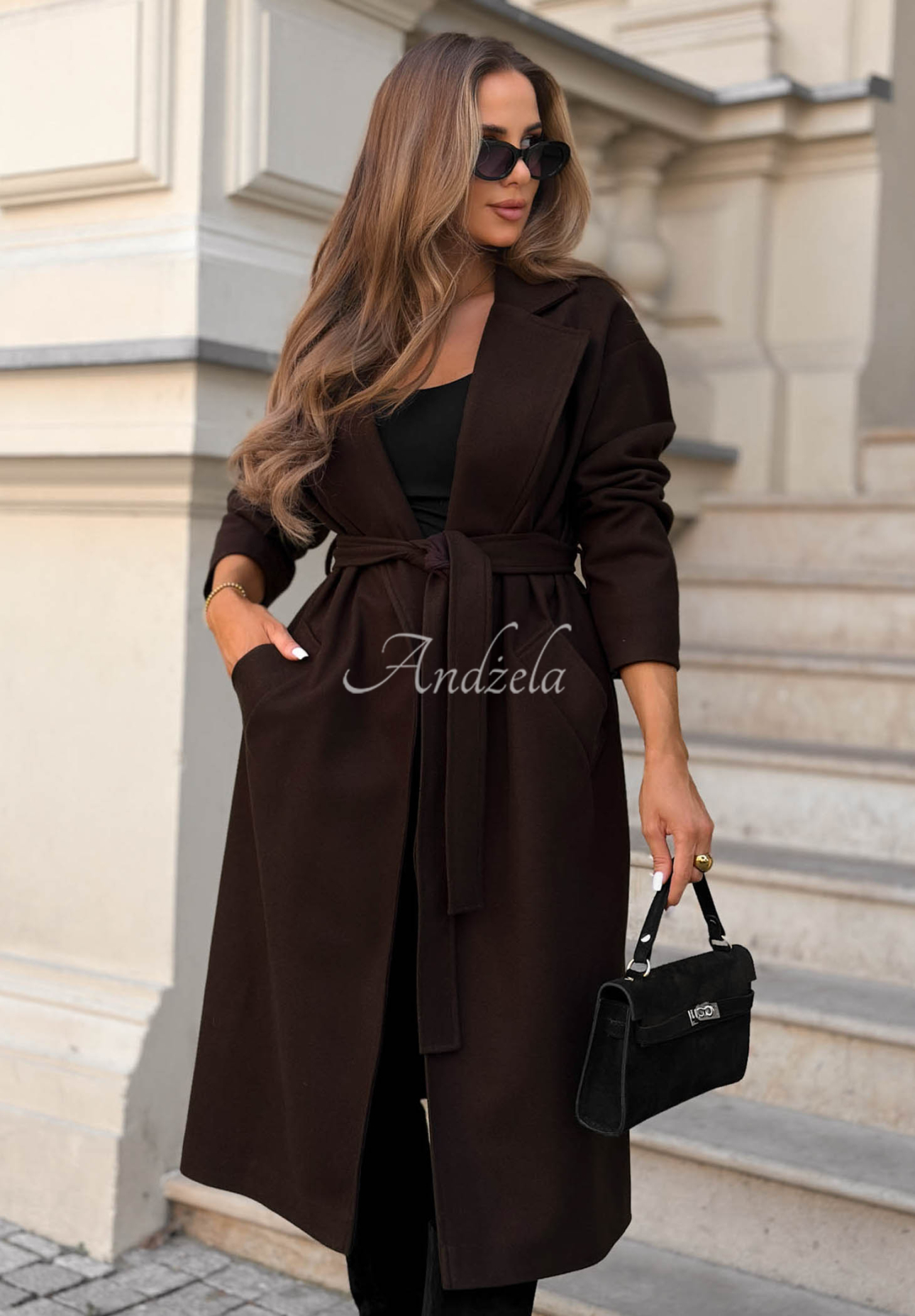 Quiet Autumn Long Wool Coat with Belt in Chocolate Brown