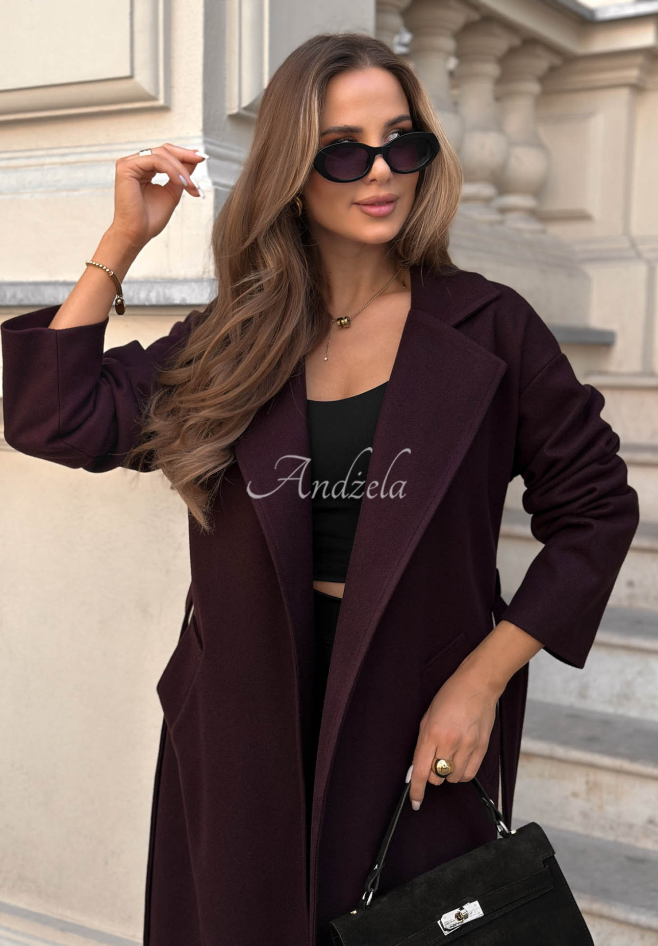 Quiet Autumn Long Wool Coat with Belt, Berry