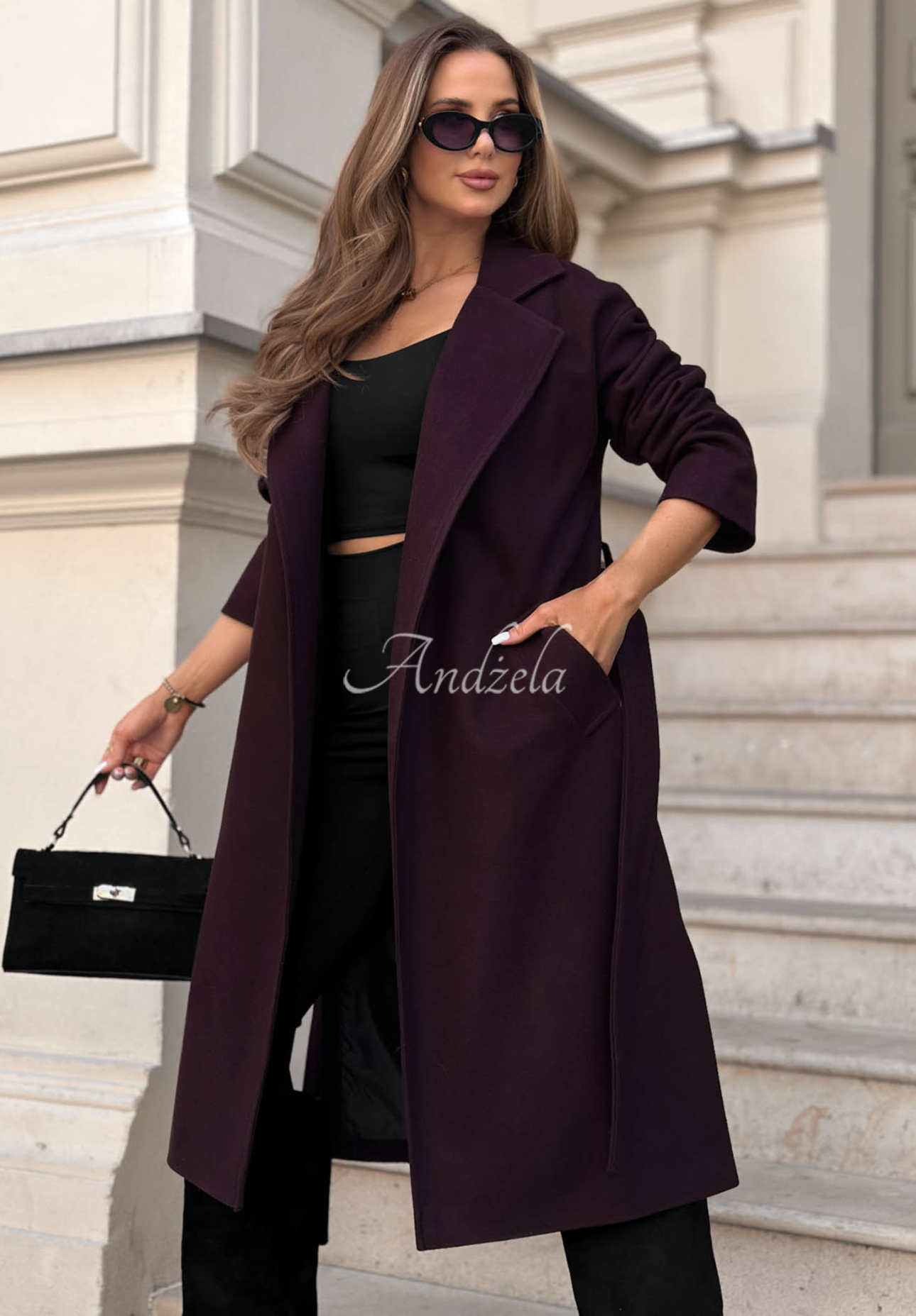 Quiet Autumn Long Wool Coat with Belt, Berry