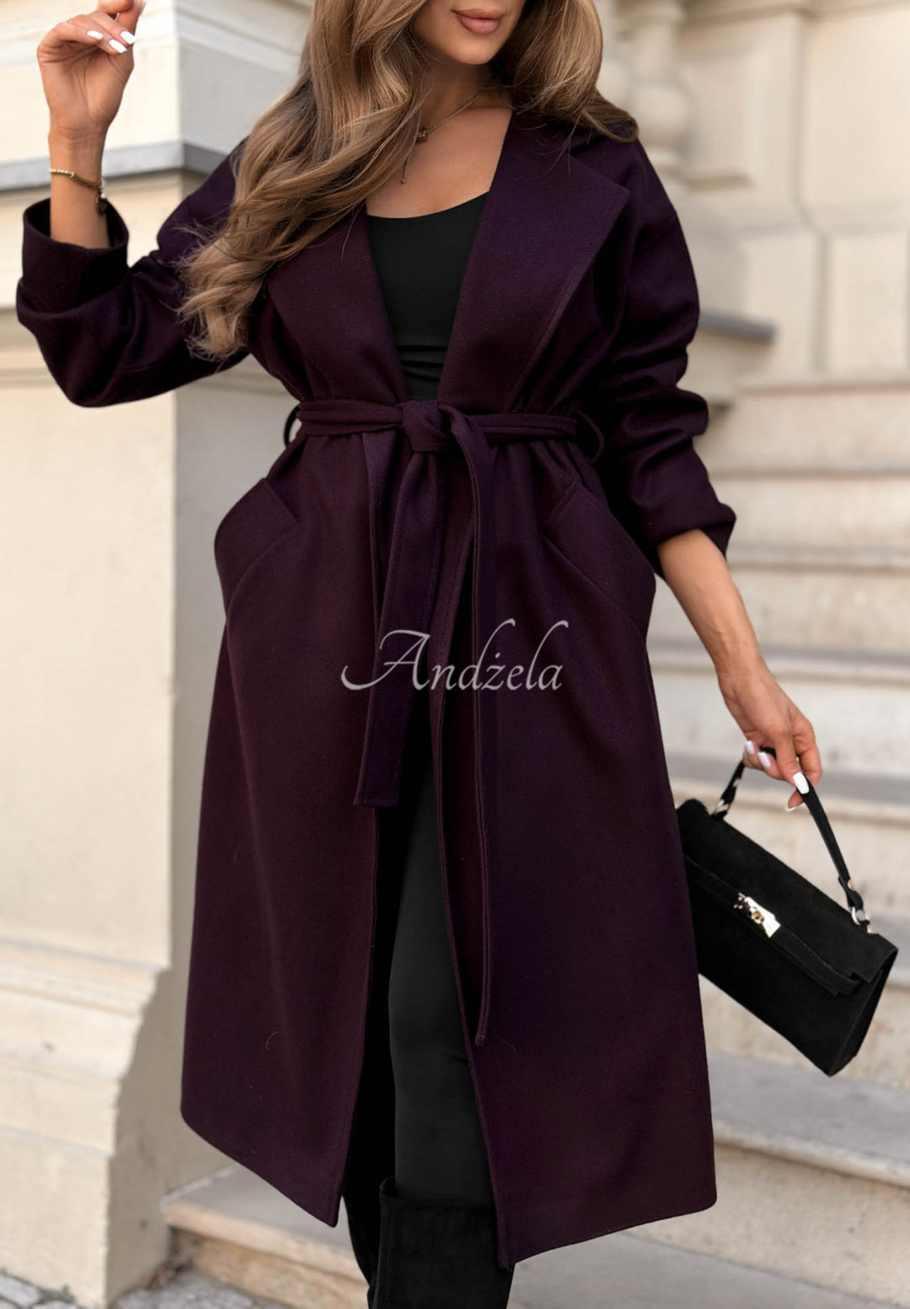 Quiet Autumn Long Wool Coat with Belt, Berry