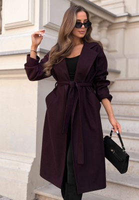 Quiet Autumn Long Wool Coat with Belt, Berry