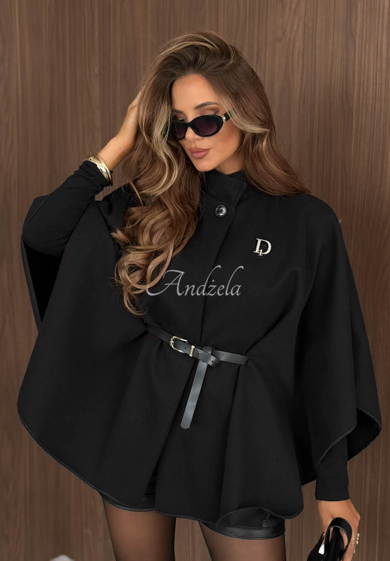 Elegant Autumn Lady Black Poncho Coat with Belt