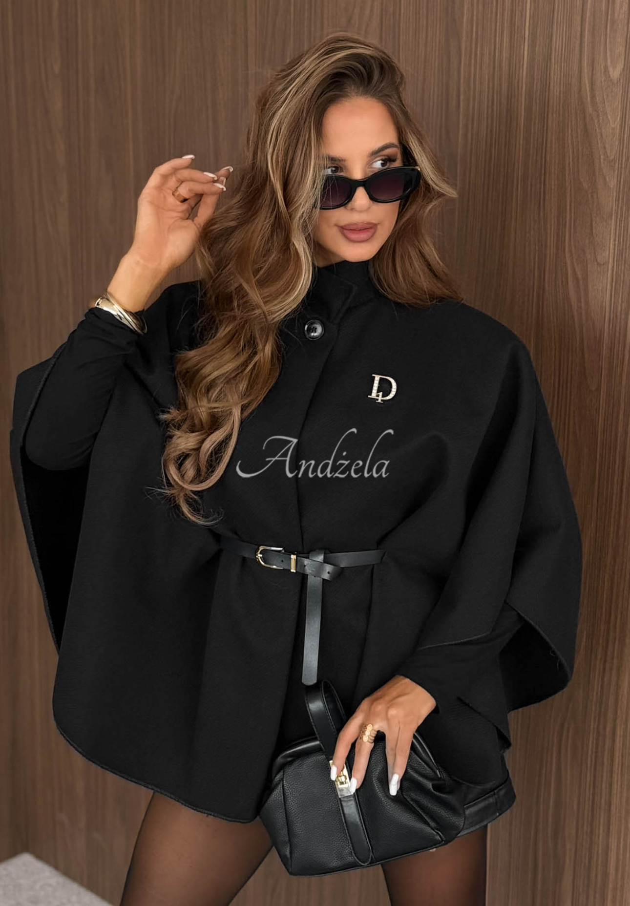 Elegant Autumn Lady Black Poncho Coat with Belt