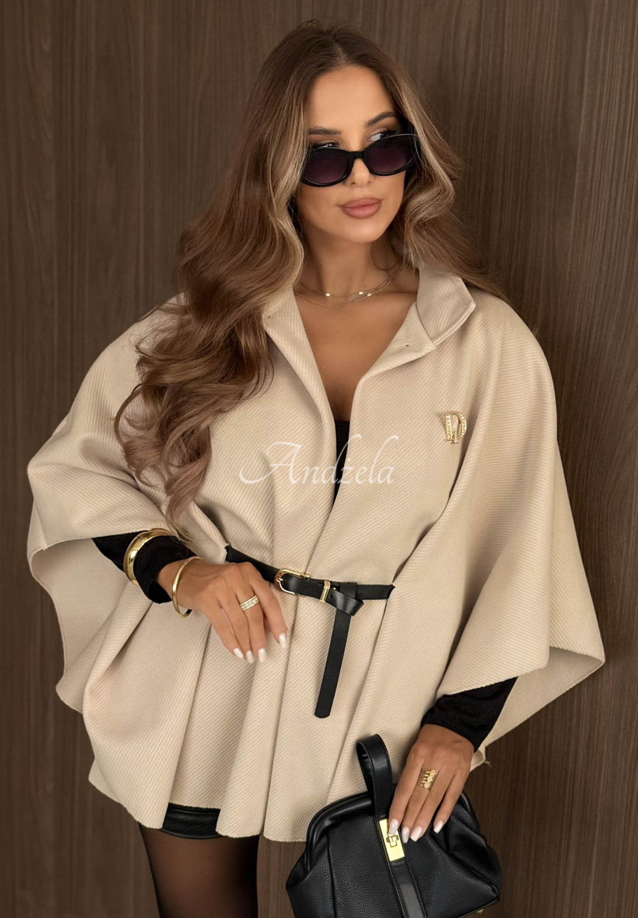 Elegant Autumn Lady Beige Poncho Coat with Belt
