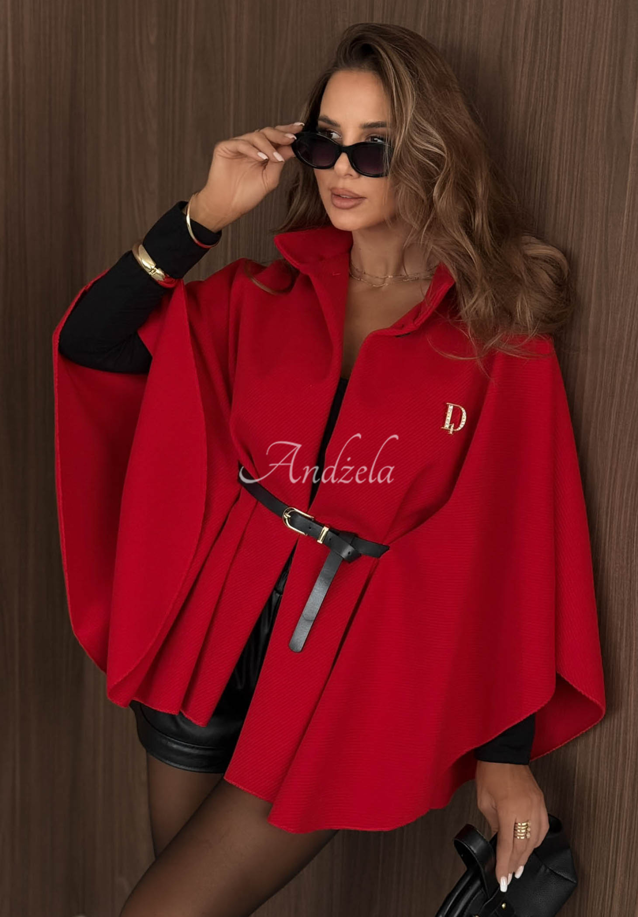 Elegant Autumn Lady Red Poncho Coat with Belt