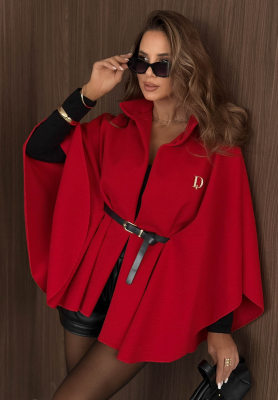 Elegant Autumn Lady Red Poncho Coat with Belt