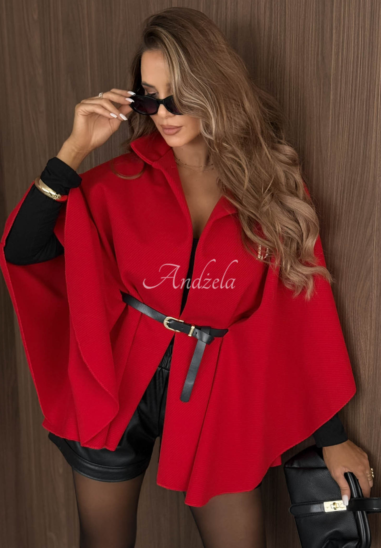 Elegancki płaszcz ponczo z paskiem Autumn Lady czerwony