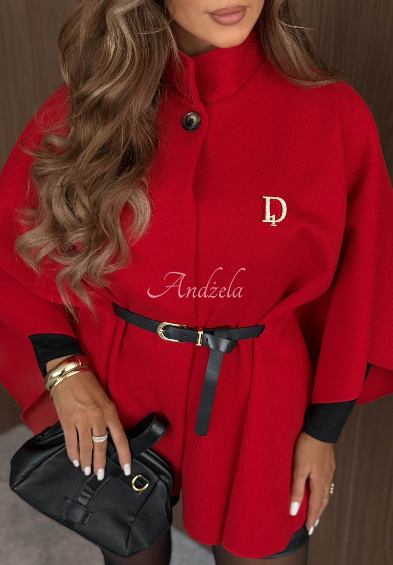 Elegancki płaszcz ponczo z paskiem Autumn Lady czerwony