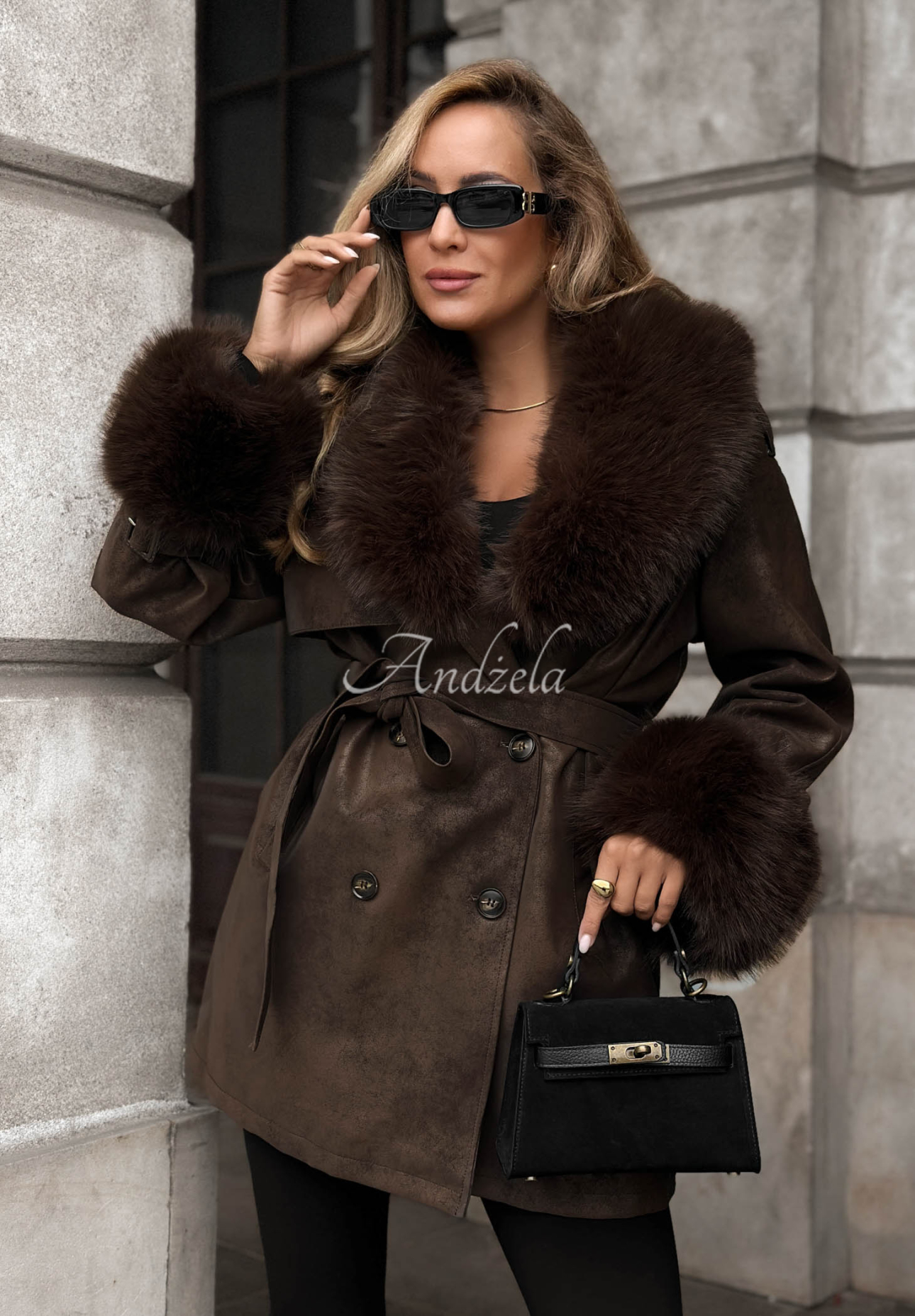 Chestnut Charm Chocolate Knee-Length Coat with Fur Trim