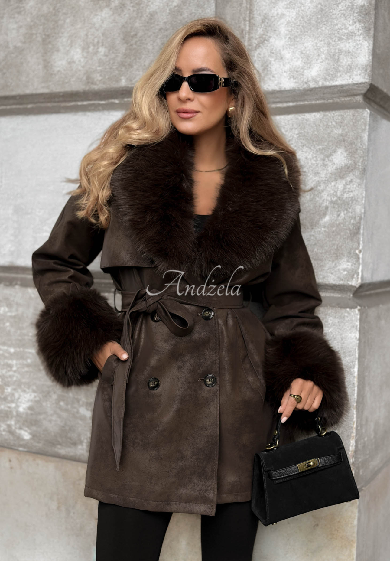 Chestnut Charm Chocolate Knee-Length Coat with Fur Trim