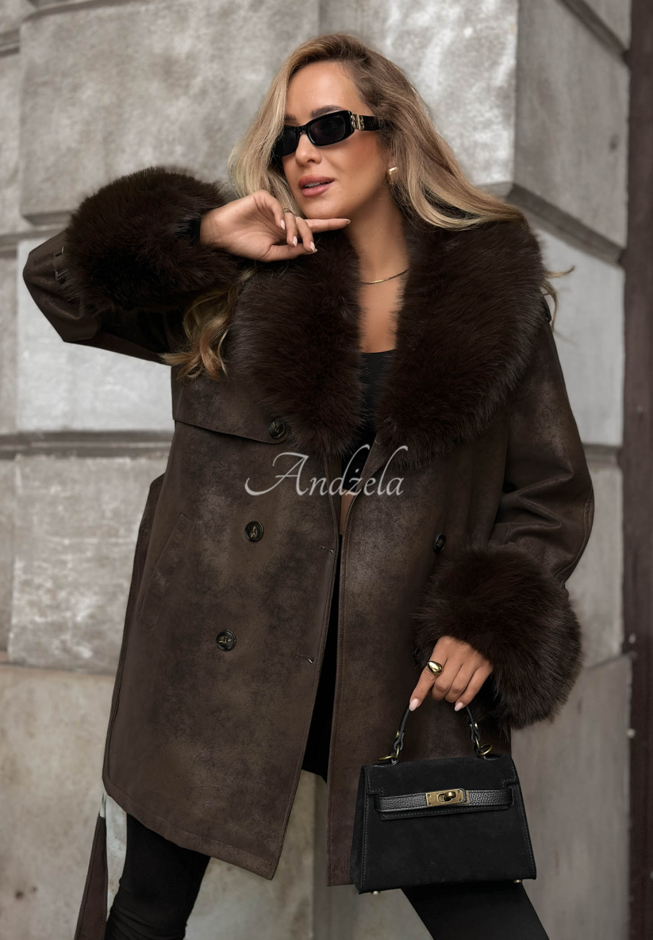Chestnut Charm Chocolate Knee-Length Coat with Fur Trim
