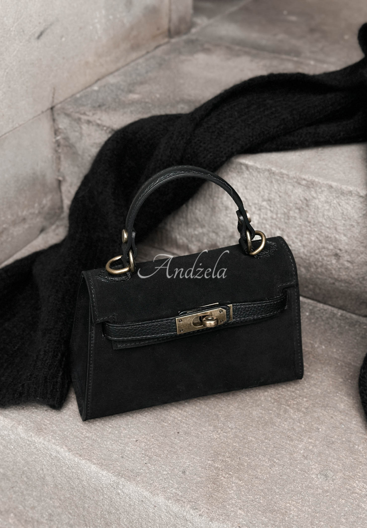 Mellow Season Black Suede Handbag with Handle