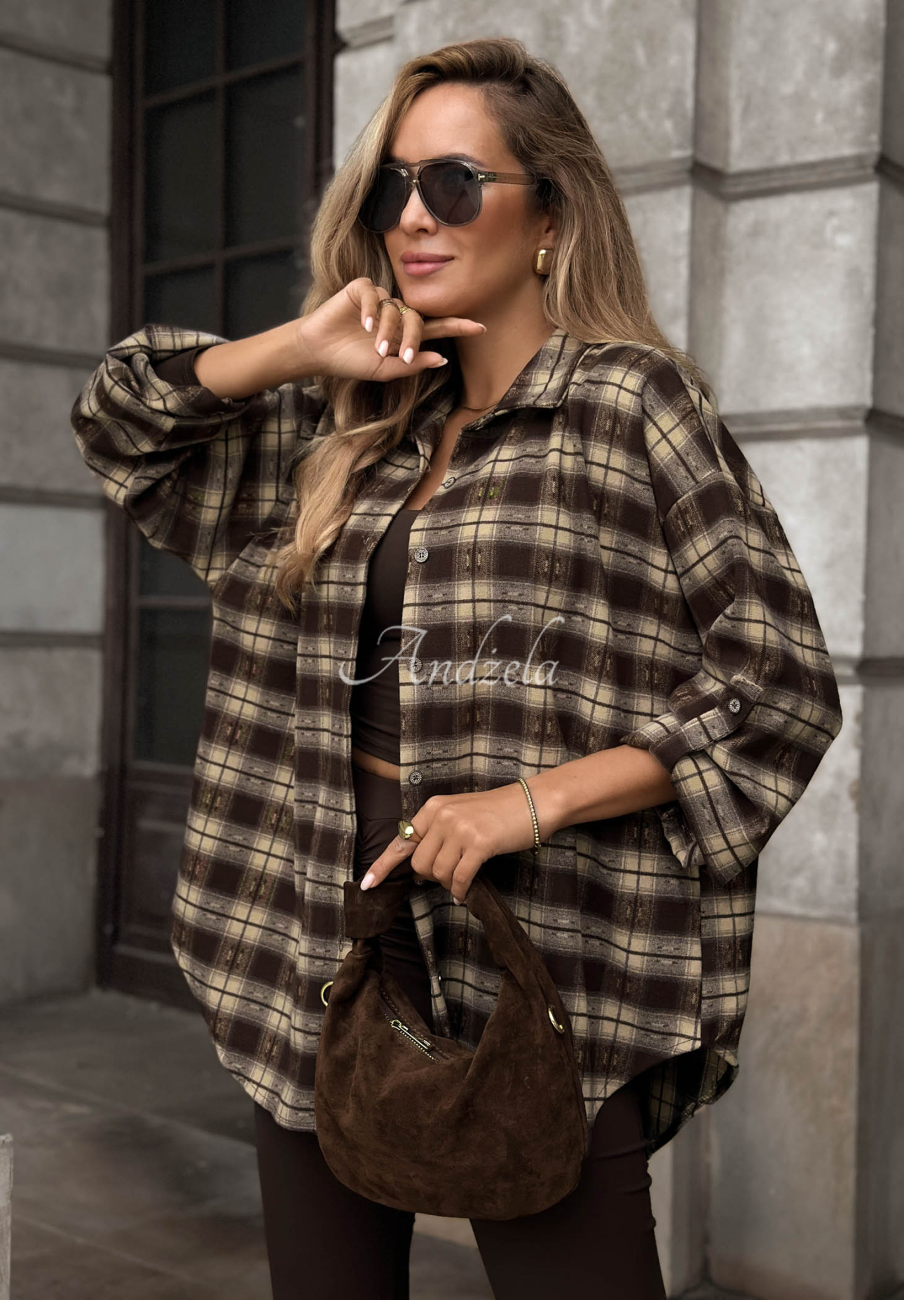 Asymmetrical checkered shirt with viscose from Autumn Poetry in chocolate brown