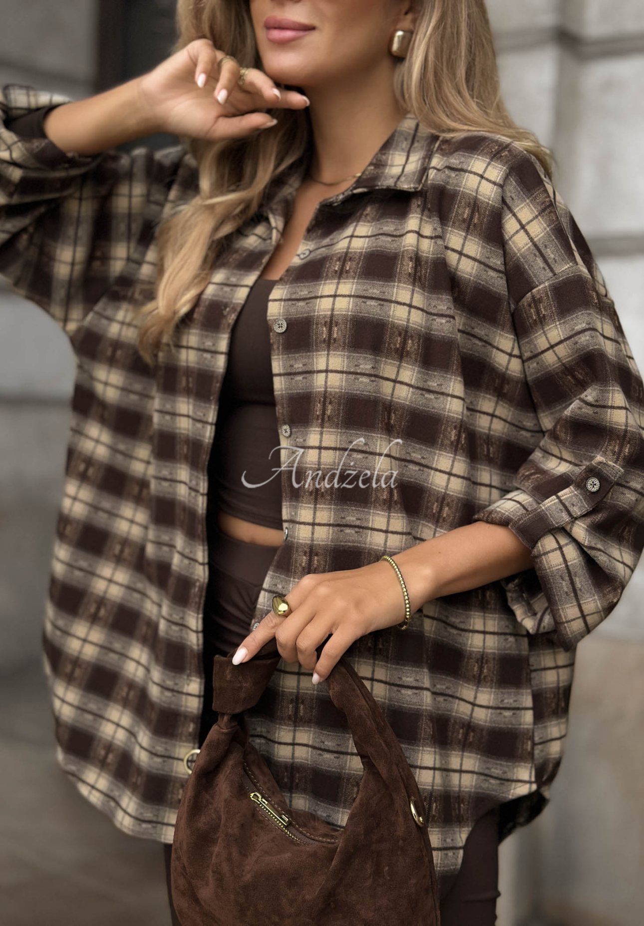 Asymmetrical checkered shirt with viscose from Autumn Poetry in chocolate brown