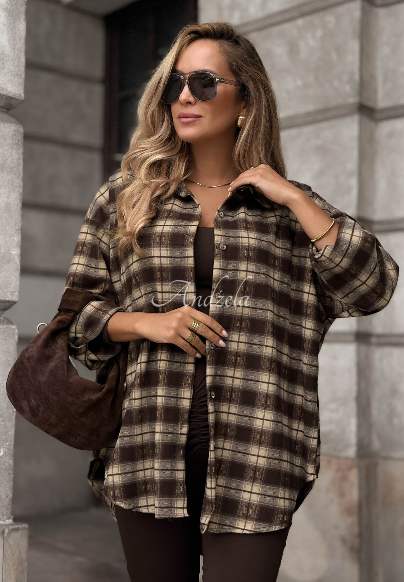 Asymmetrical checkered shirt with viscose from Autumn Poetry in chocolate brown
