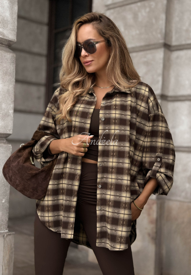 Asymmetrical checkered shirt with viscose from Autumn Poetry in chocolate brown
