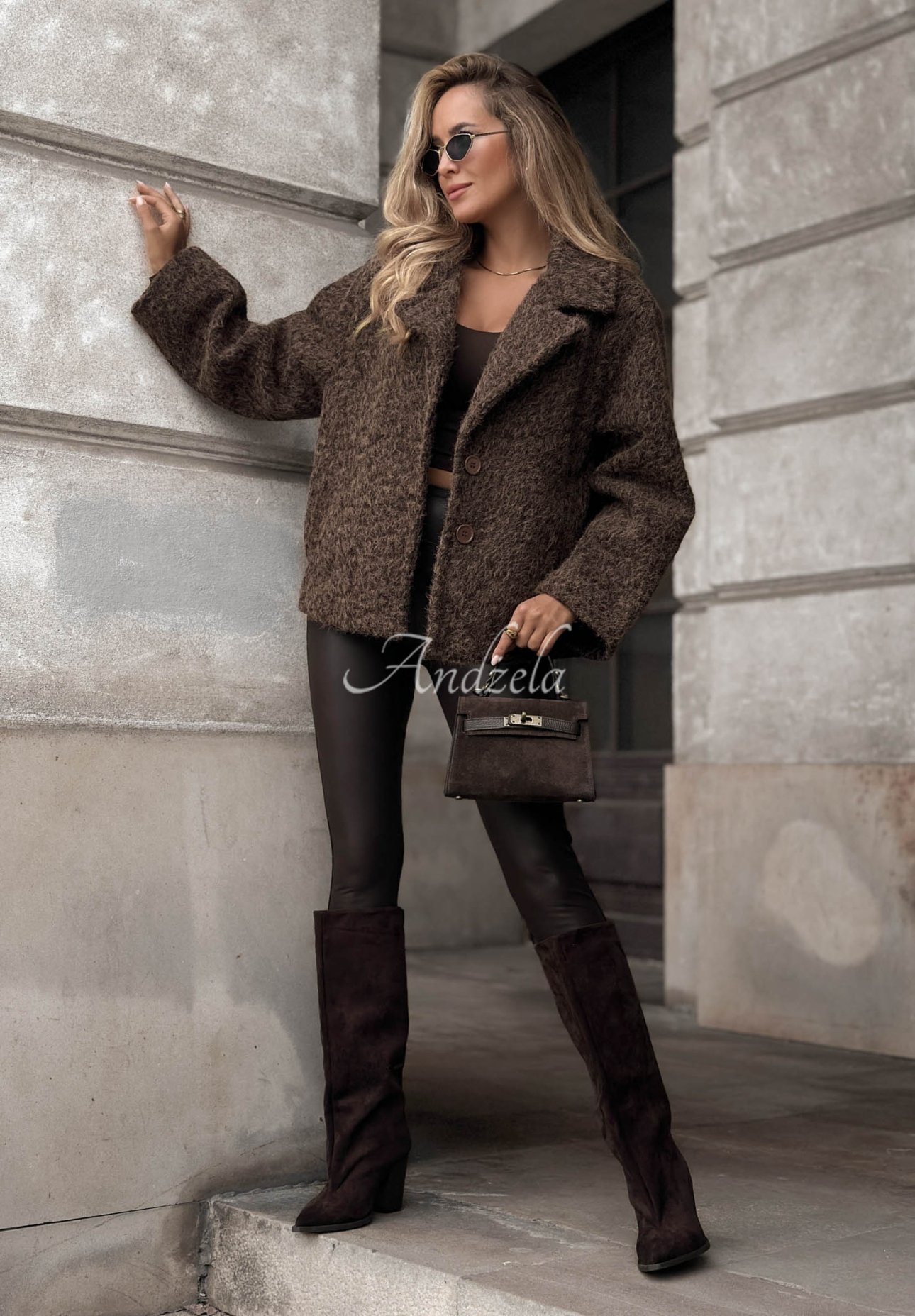 Rainy Avenue Short Shearling Coat with Wool, Chocolate Brown