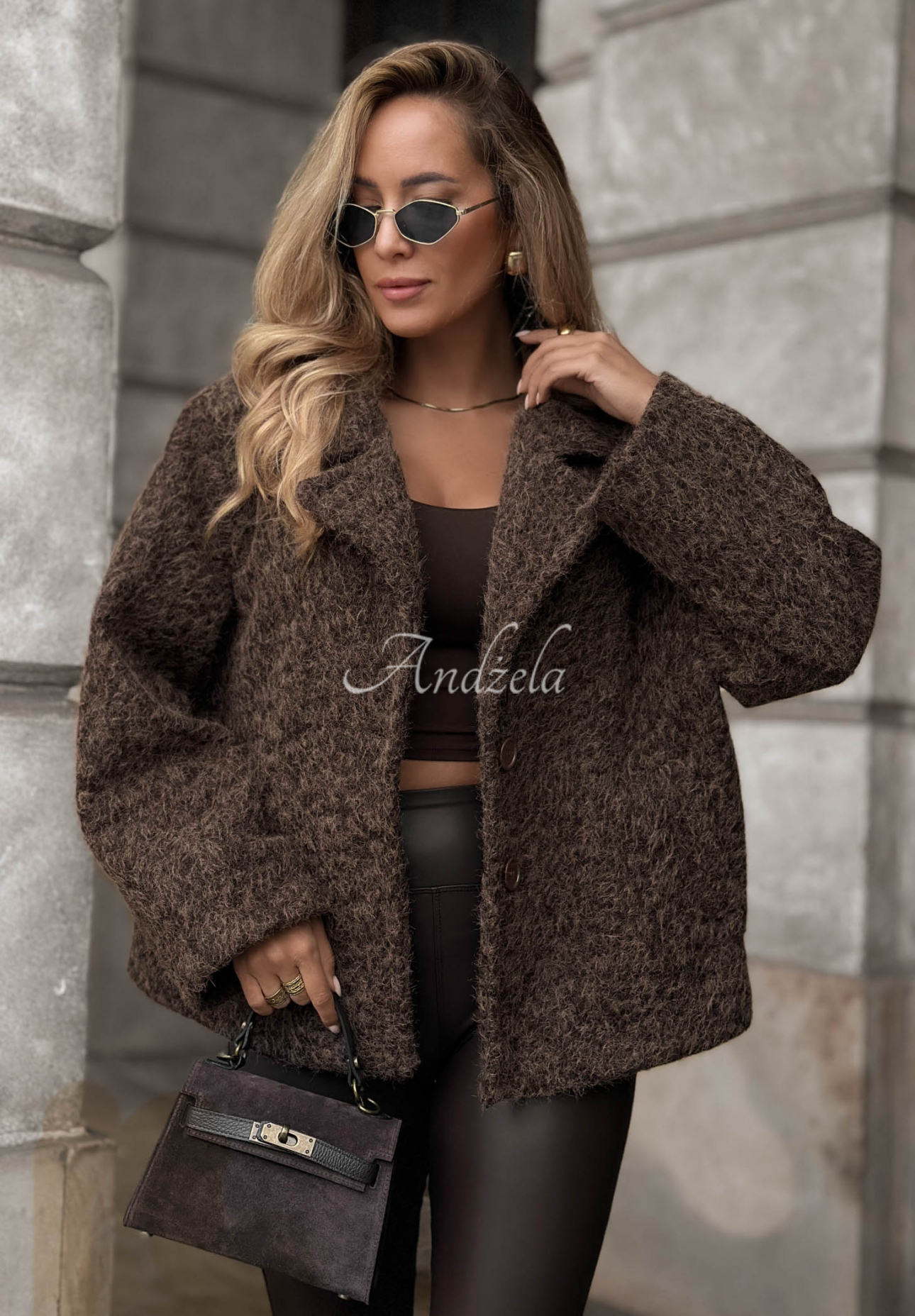 Rainy Avenue Short Shearling Coat with Wool, Chocolate Brown