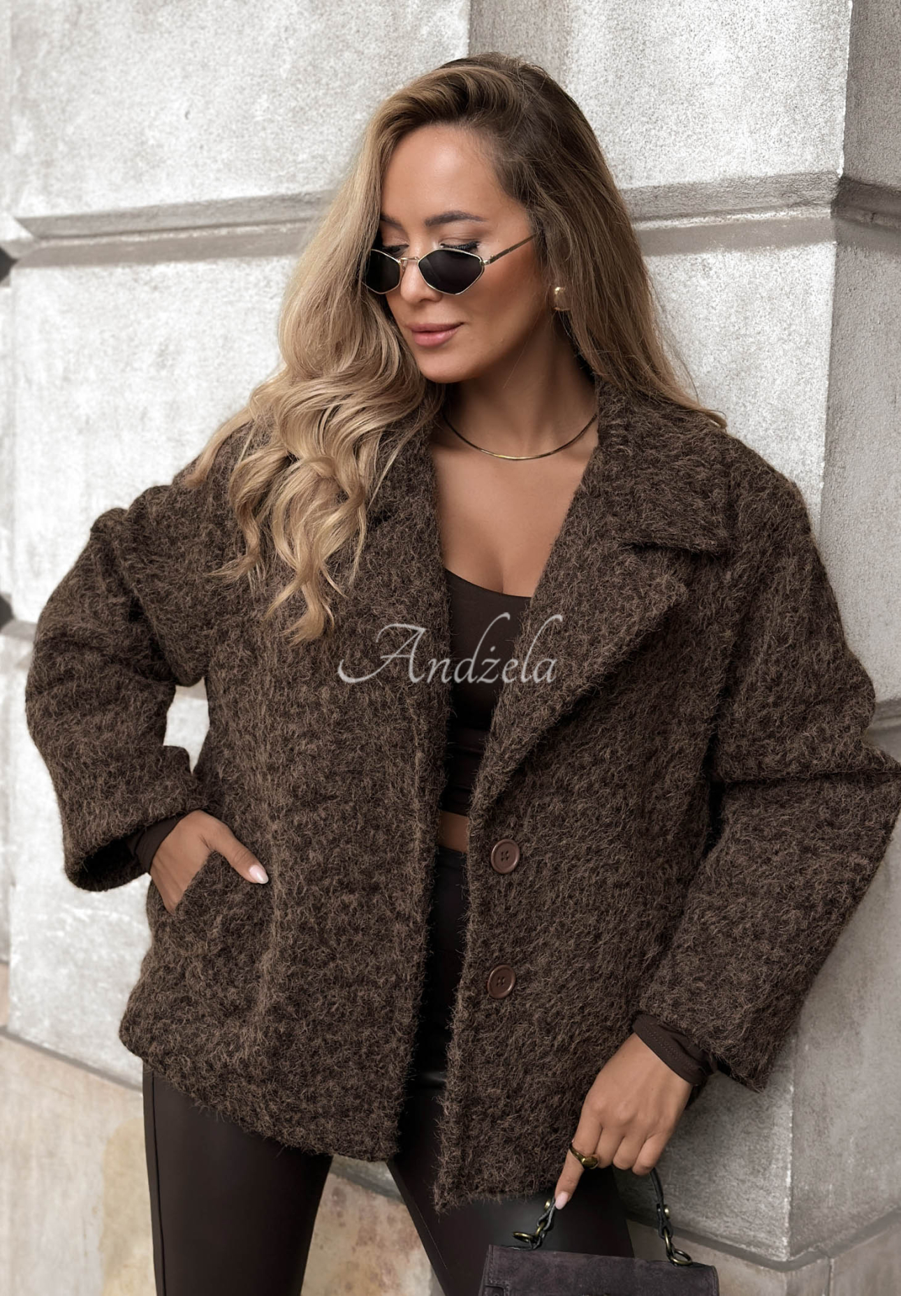 Rainy Avenue Short Shearling Coat with Wool, Chocolate Brown