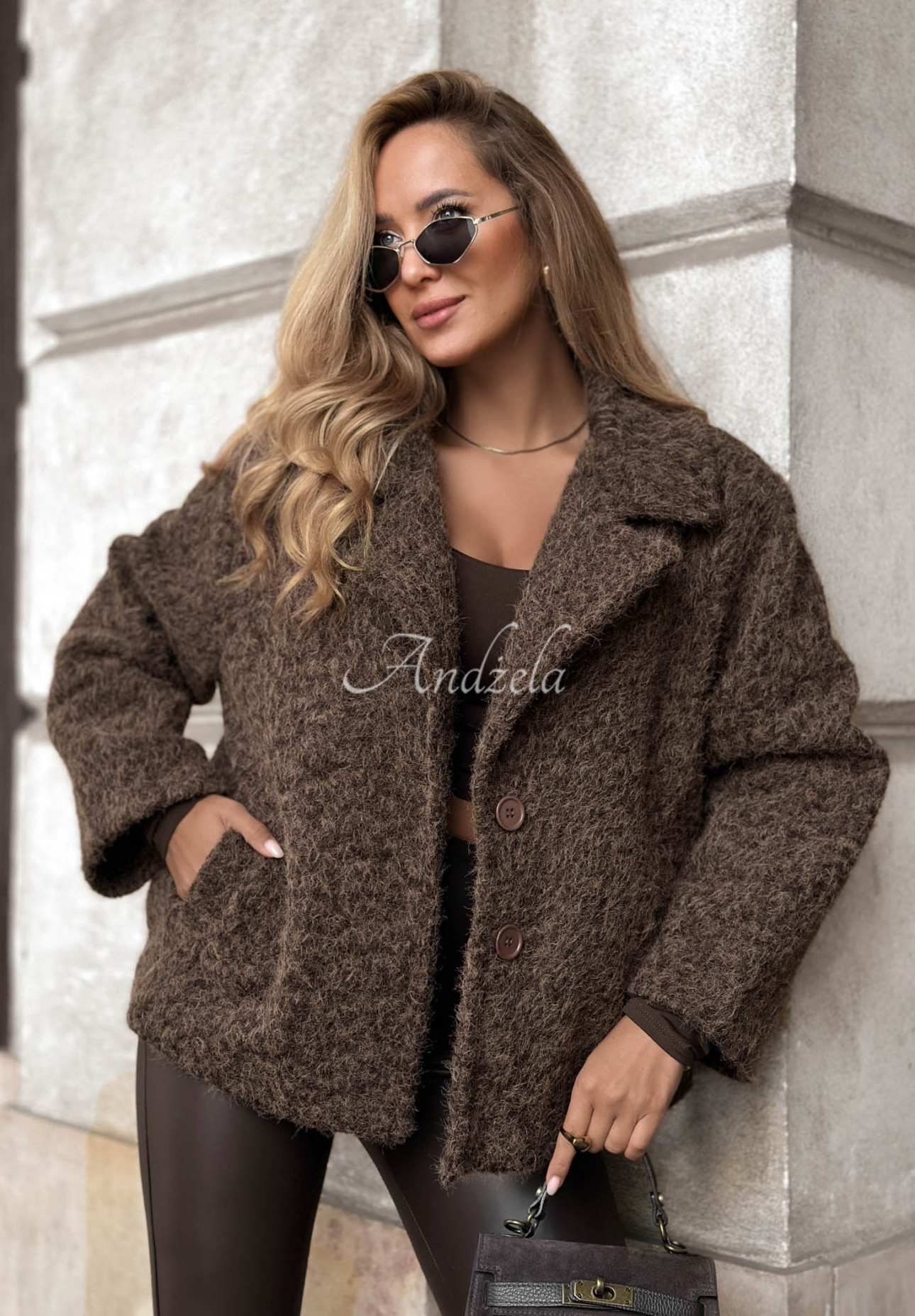 Rainy Avenue Short Shearling Coat with Wool, Chocolate Brown