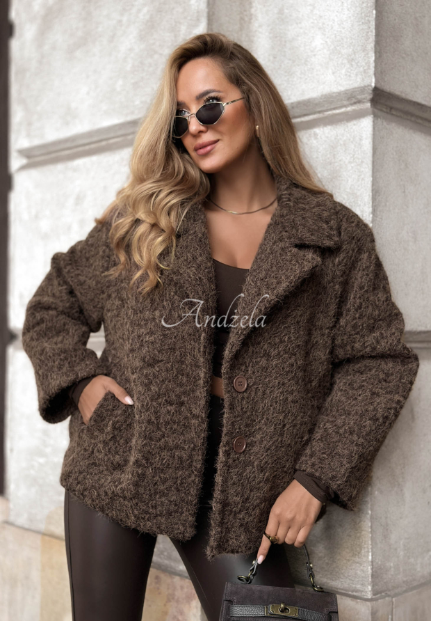 Rainy Avenue Short Shearling Coat with Wool, Chocolate Brown