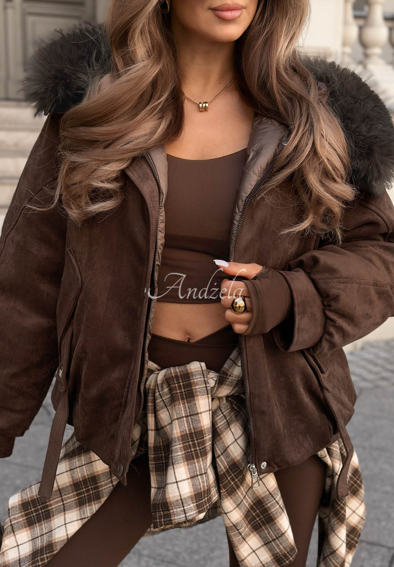 Winter Babe Chocolate-Colored Suede Hooded Jacket with Fur Trim