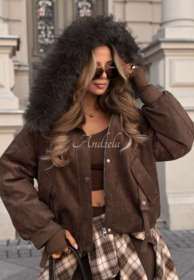 Winter Babe Chocolate-Colored Suede Hooded Jacket with Fur Trim