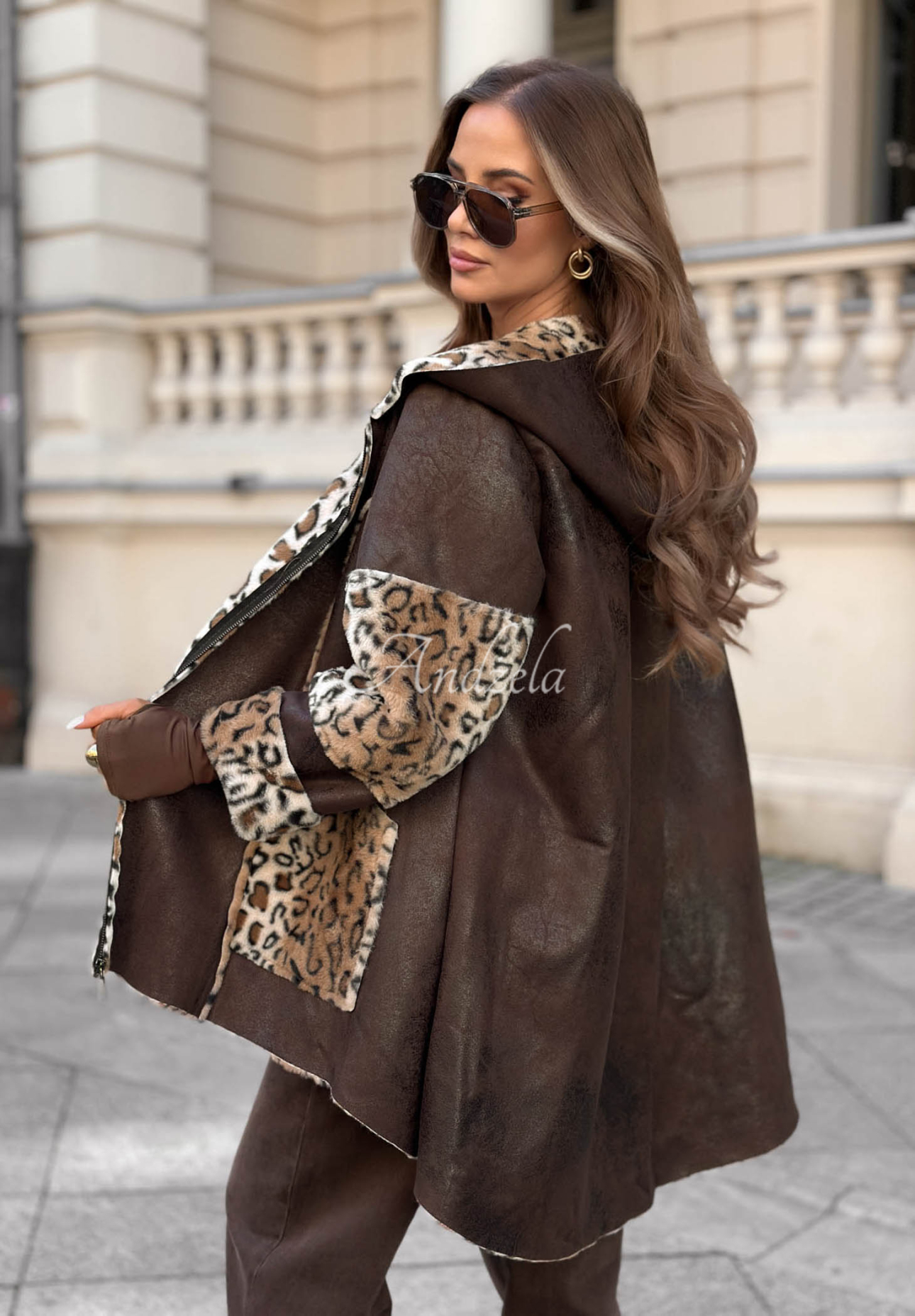 Chocolate-Brown Wild Flame Leopard-Print Bear-Printed Shearling Jacket