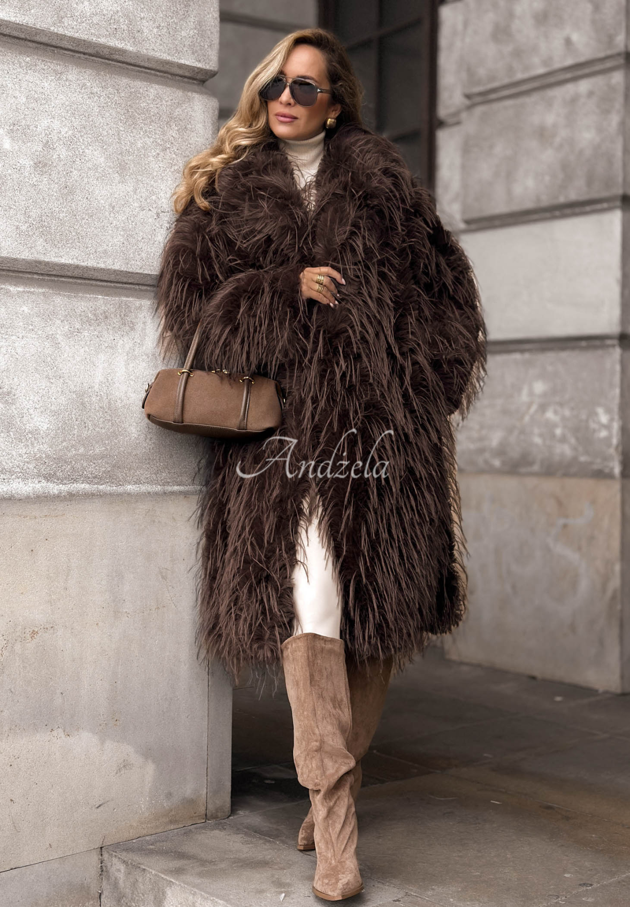 Long fur coat with a collar by Cloudy Cuddle in chocolate brown