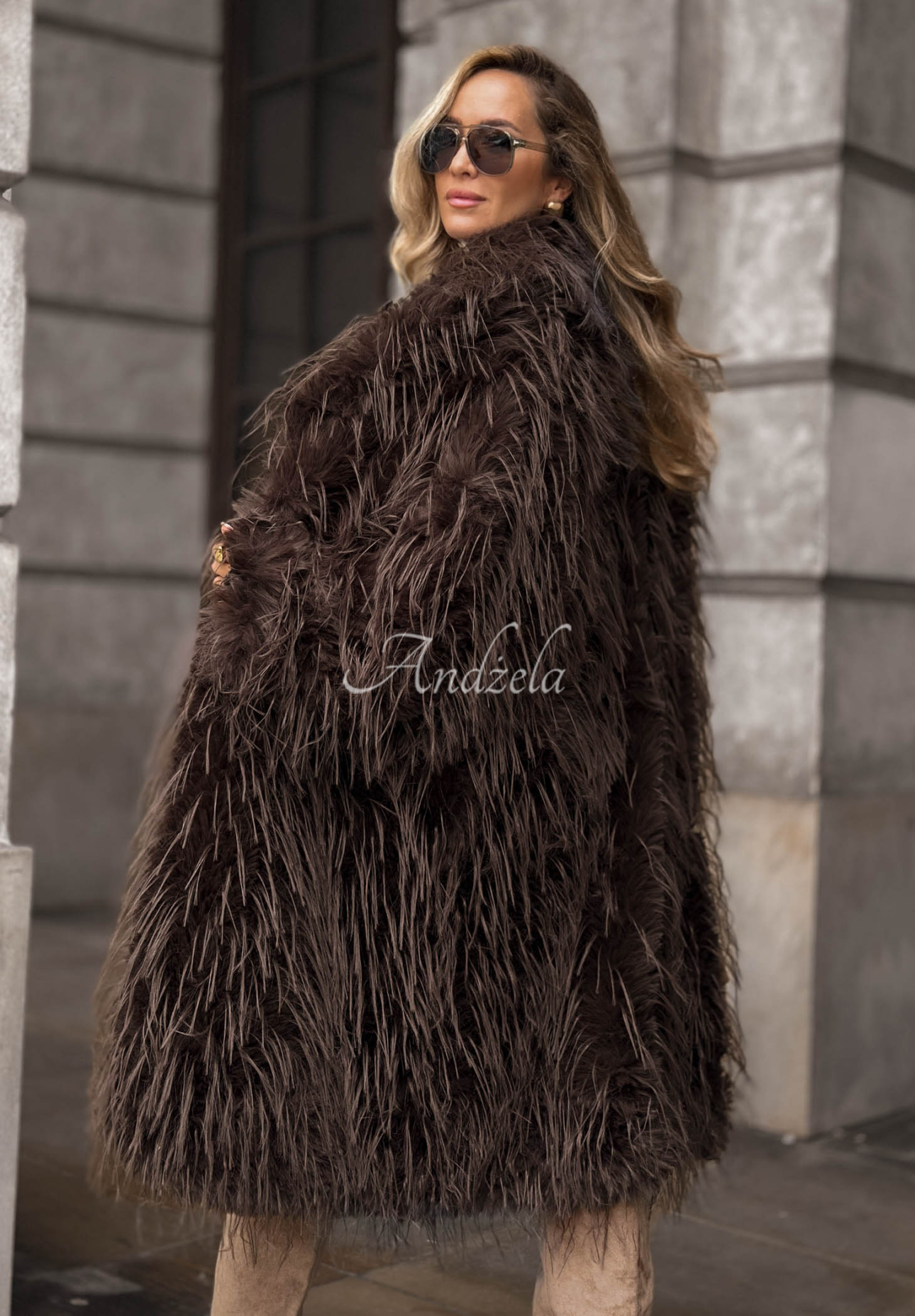 Long fur coat with a collar by Cloudy Cuddle in chocolate brown
