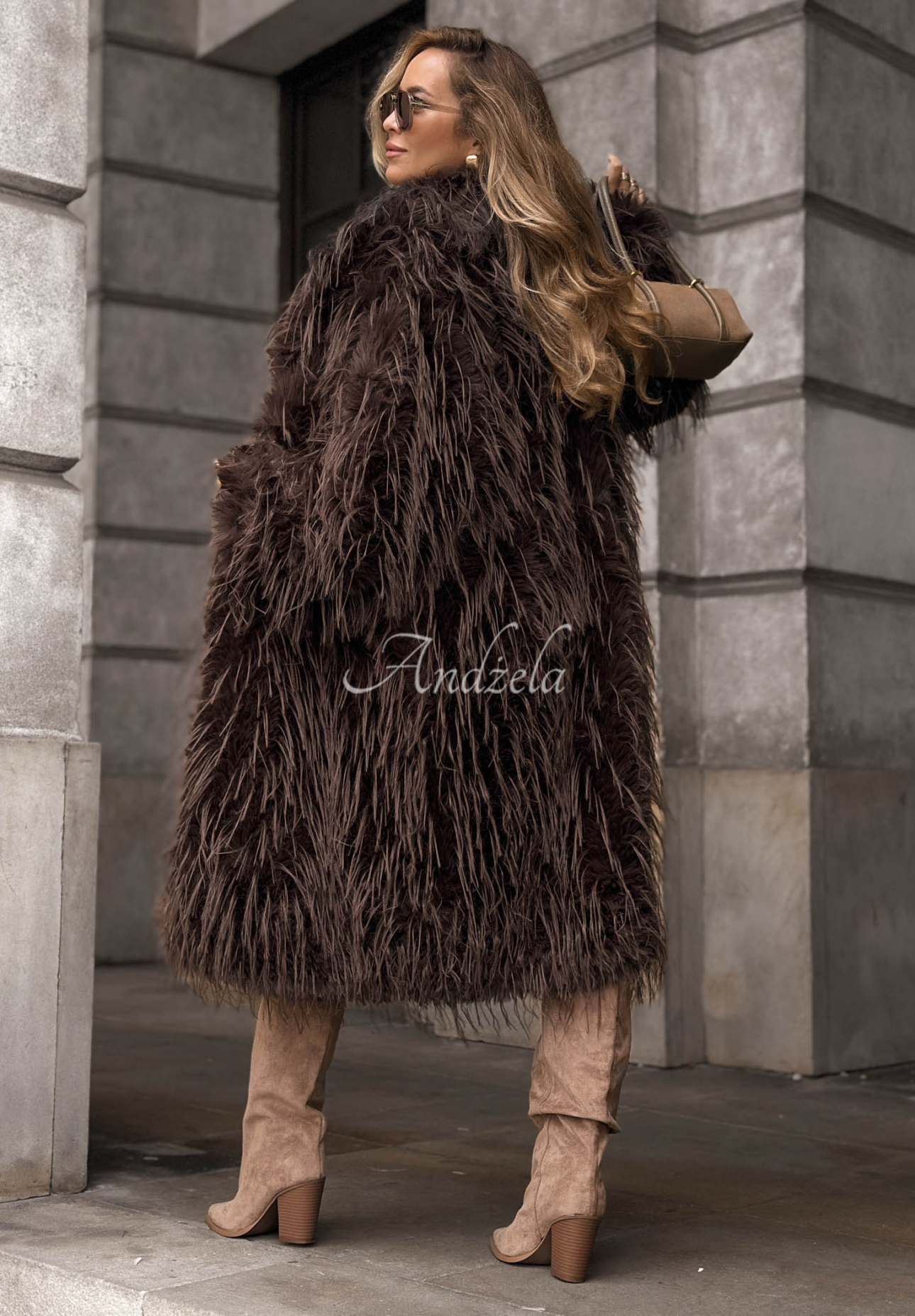 Long fur coat with a collar by Cloudy Cuddle in chocolate brown