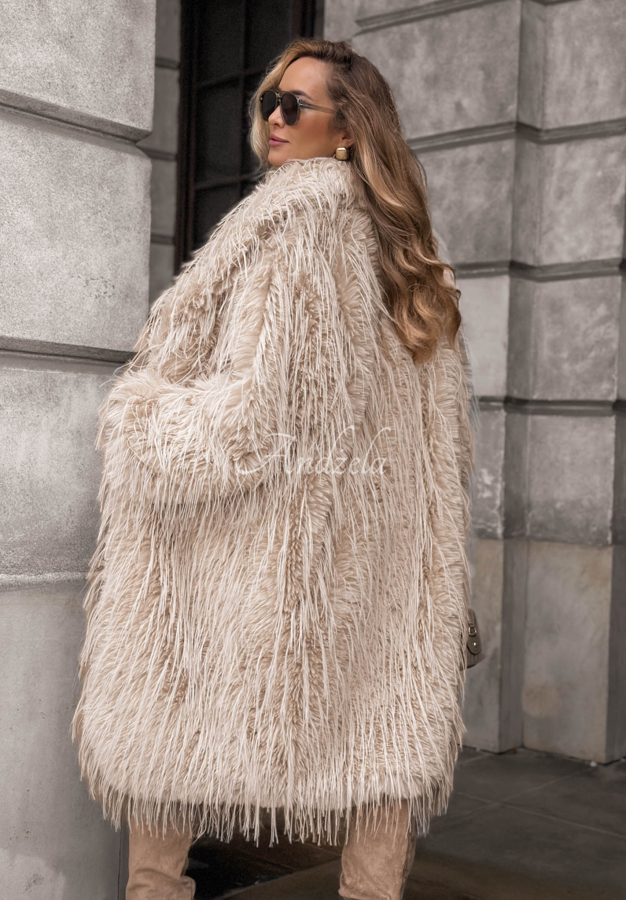 Long fur coat with a collar by Cloudy Cuddle in beige