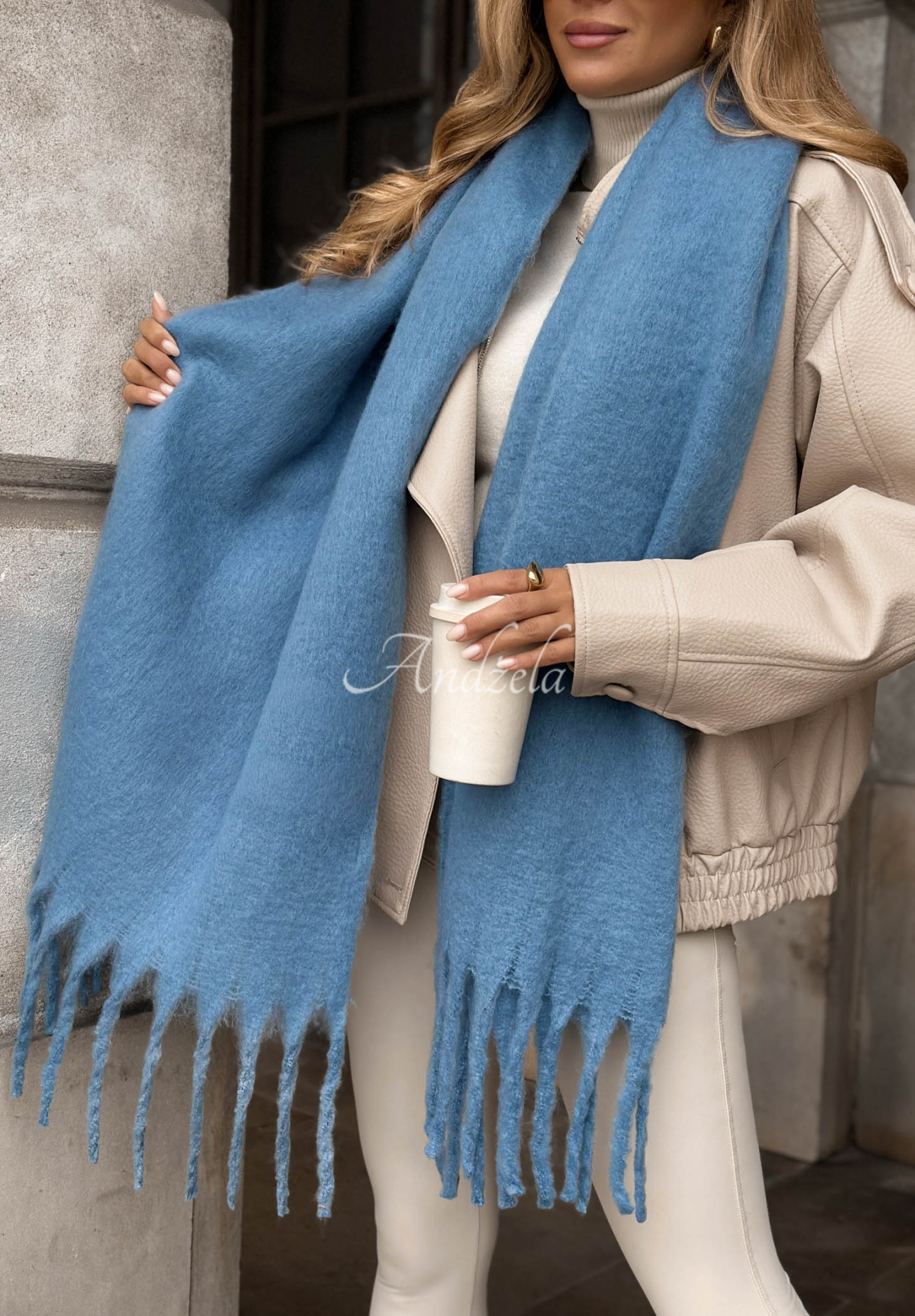 Snow Darling Soft Blue Fringed Scarf
