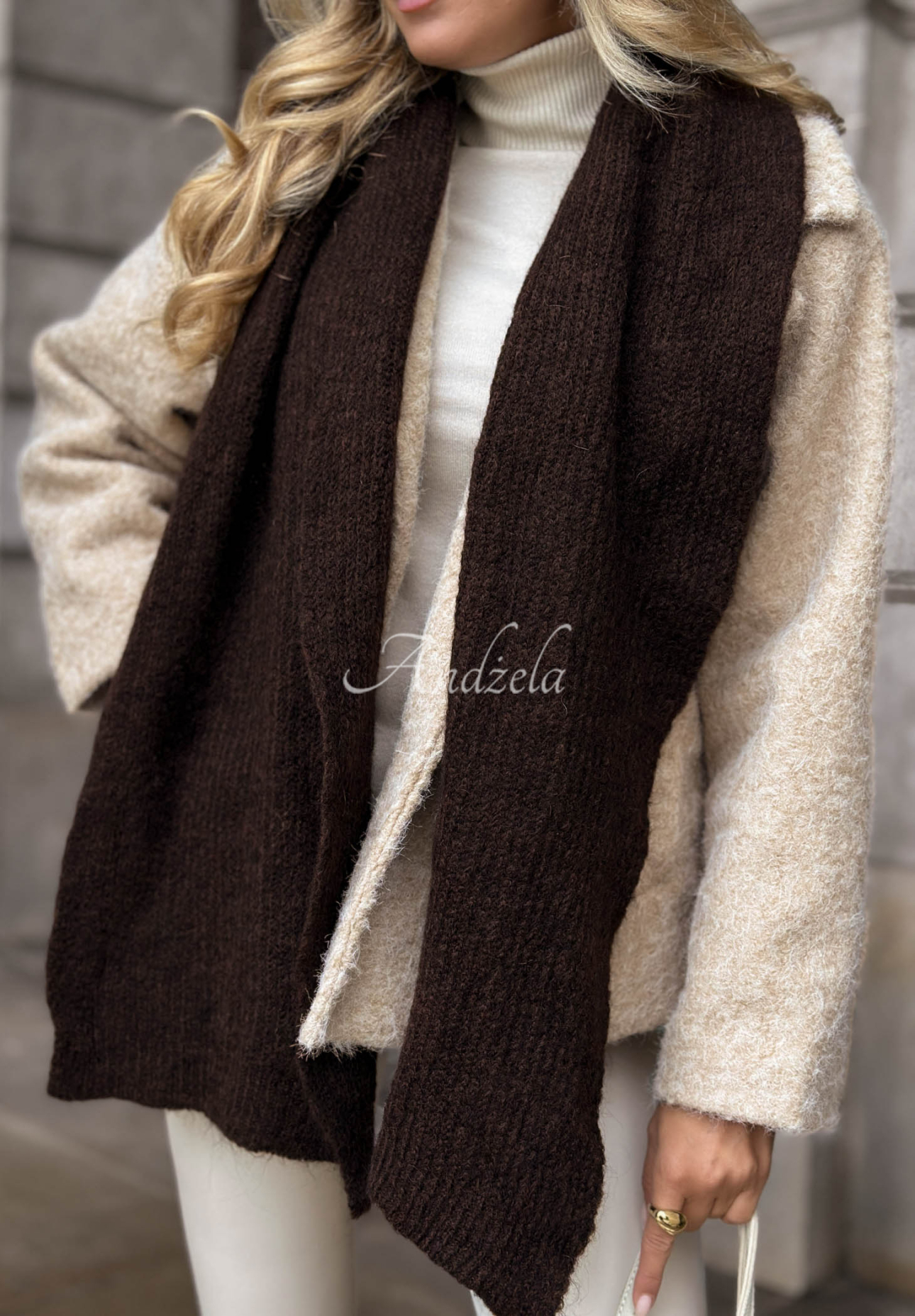 Snowfall Charm Chocolate-Colored Scarf with Merino Wool and Mohair