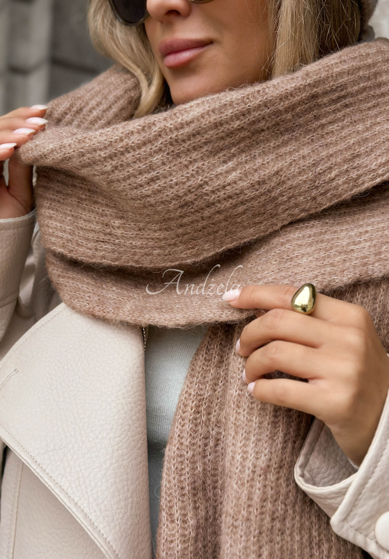 Snowfall Charm Mocha Scarf with Merino Wool and Mohair