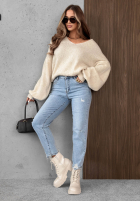 Spodnie jeansowe mom fit z paskiem Simple Charm jasnoniebieskie