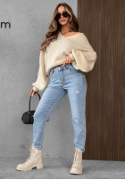 Spodnie jeansowe mom fit z paskiem Simple Charm jasnoniebieskie