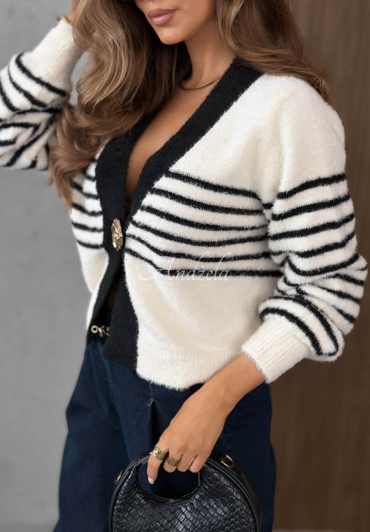 Short Striped Cardigan with Maple Mist Ecru Closure