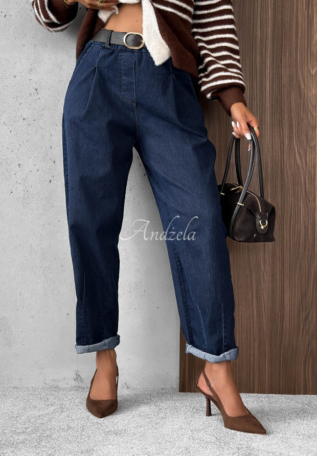 Modern Shape Navy Blue Mom-Fit Jeans with a Belt