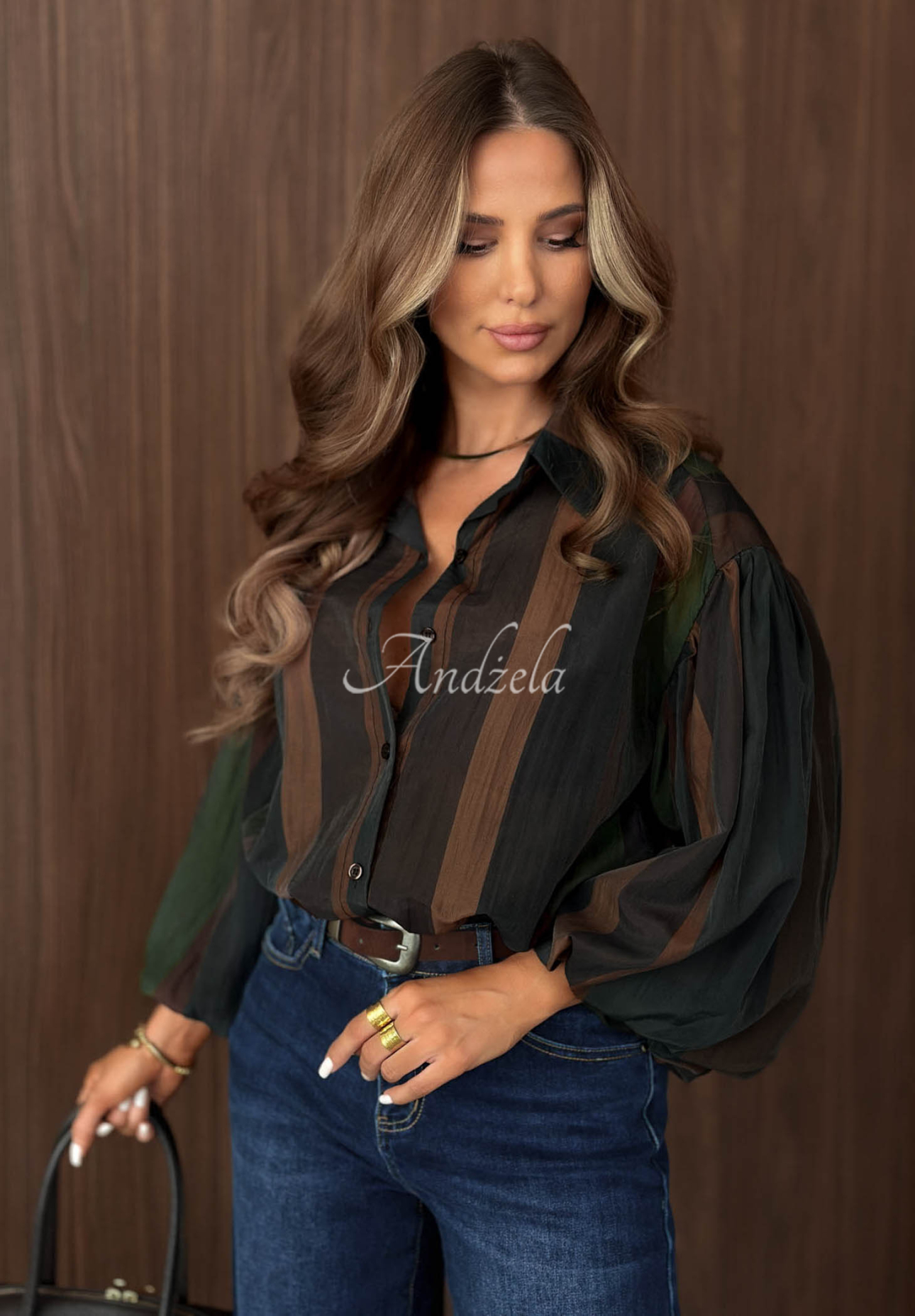 Watch This Puff-Sleeve Shirt in Black and Chocolate Brown