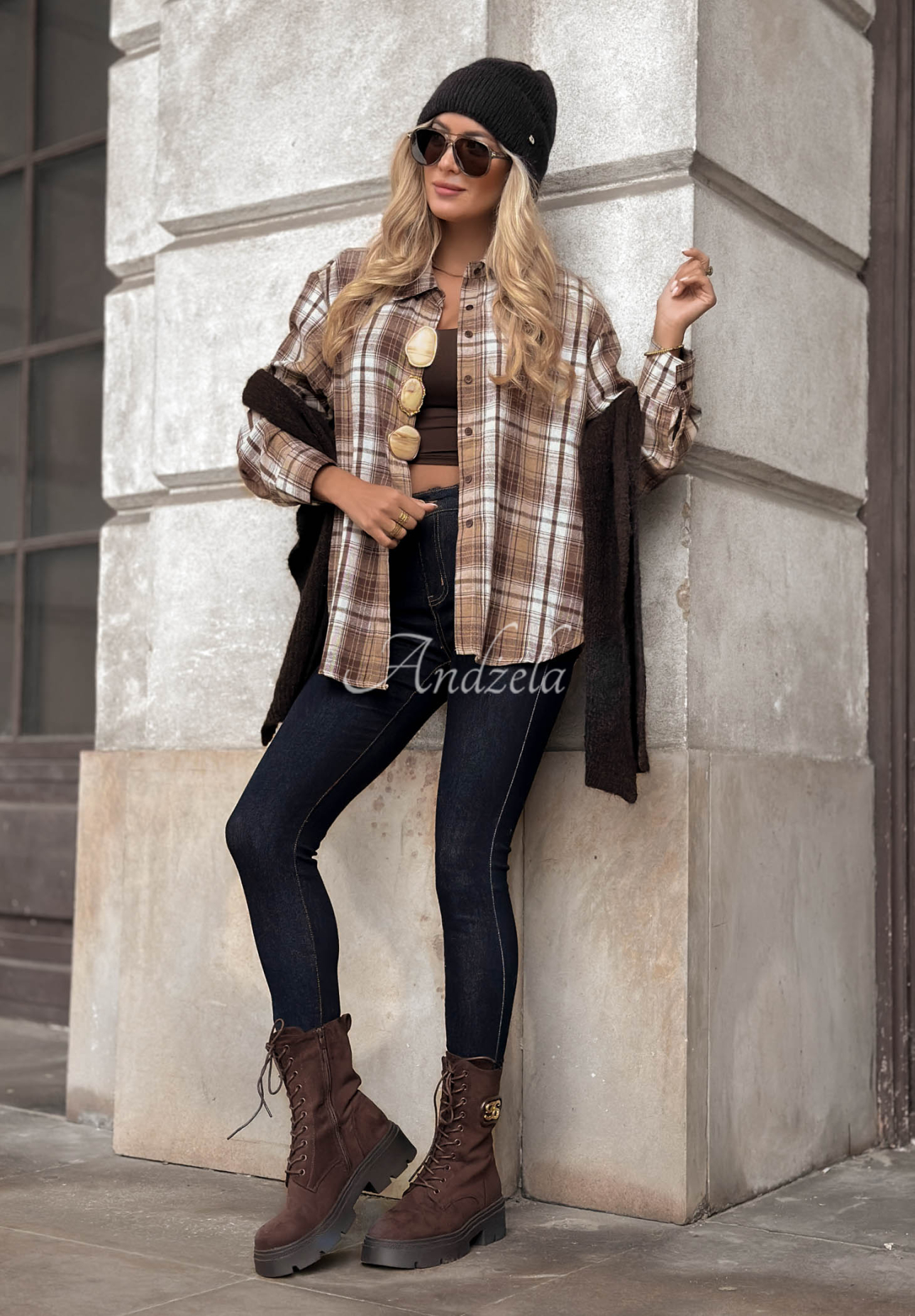 Camel-colored cotton plaid shirt with decorative Slow Moments brooches