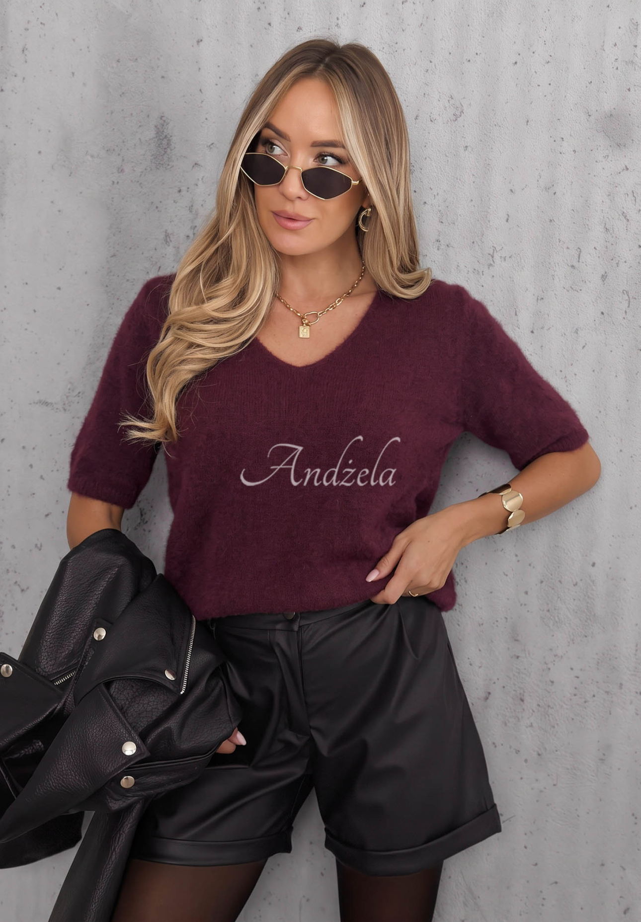 Soft, short-sleeved alpaca sweater in Honey Cloud blueberry