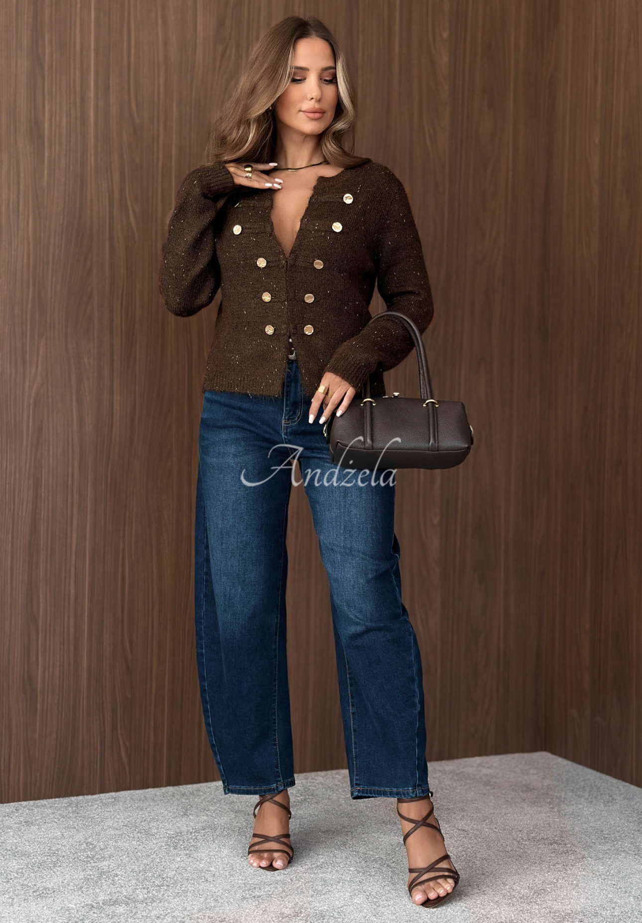 Cardigan with decorative buttons, made with Caramel Kiss chocolate-colored wool