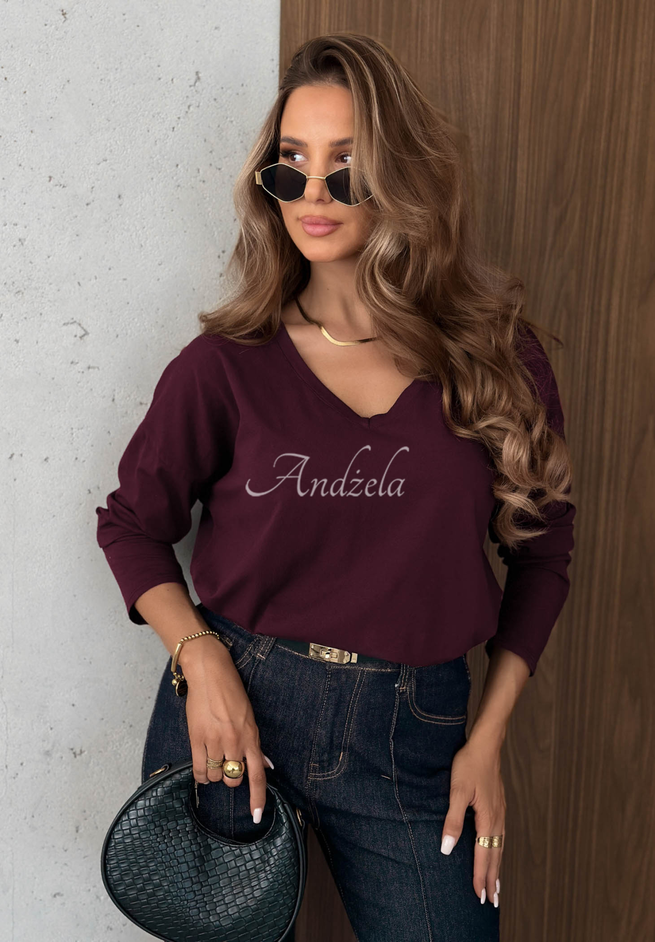 Bawełniana bluzka longsleeve z dekoltem w serek Daily Style jagodowa