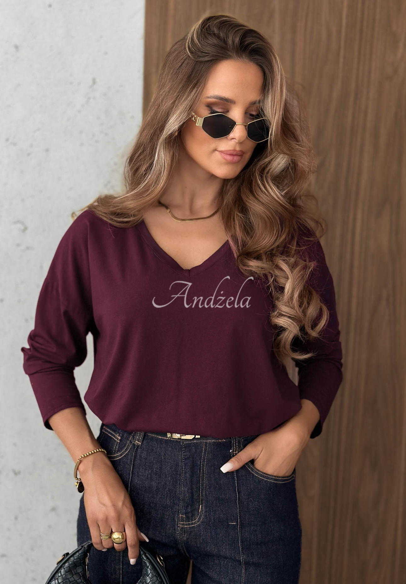 Bawełniana bluzka longsleeve z dekoltem w serek Daily Style jagodowa