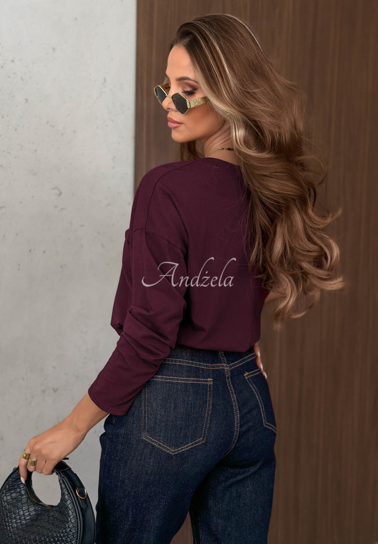 Bawełniana bluzka longsleeve z dekoltem w serek Daily Style jagodowa