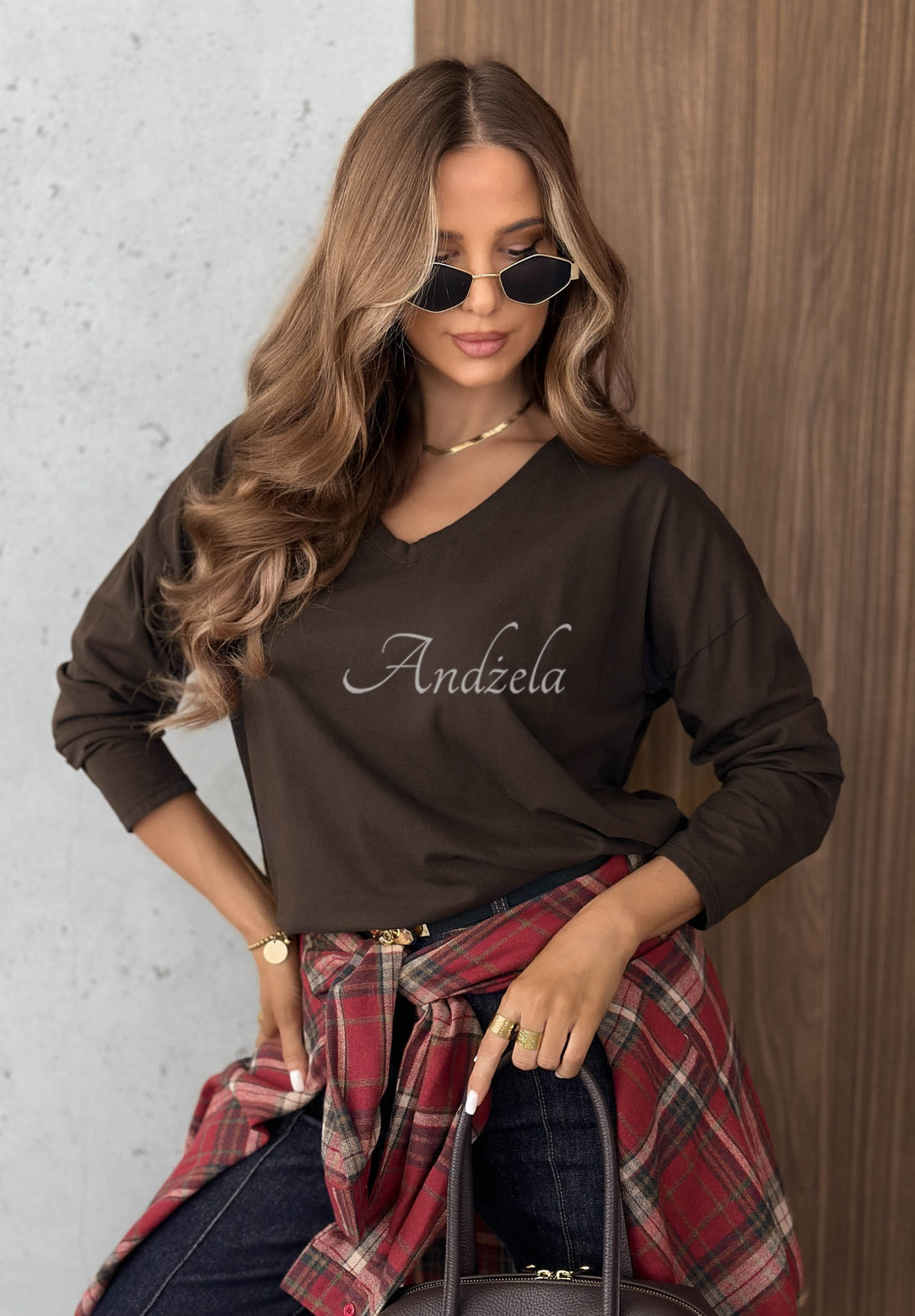 Daily Style Chocolate-Colored Long-Sleeve Cotton Blouse with V-Neck