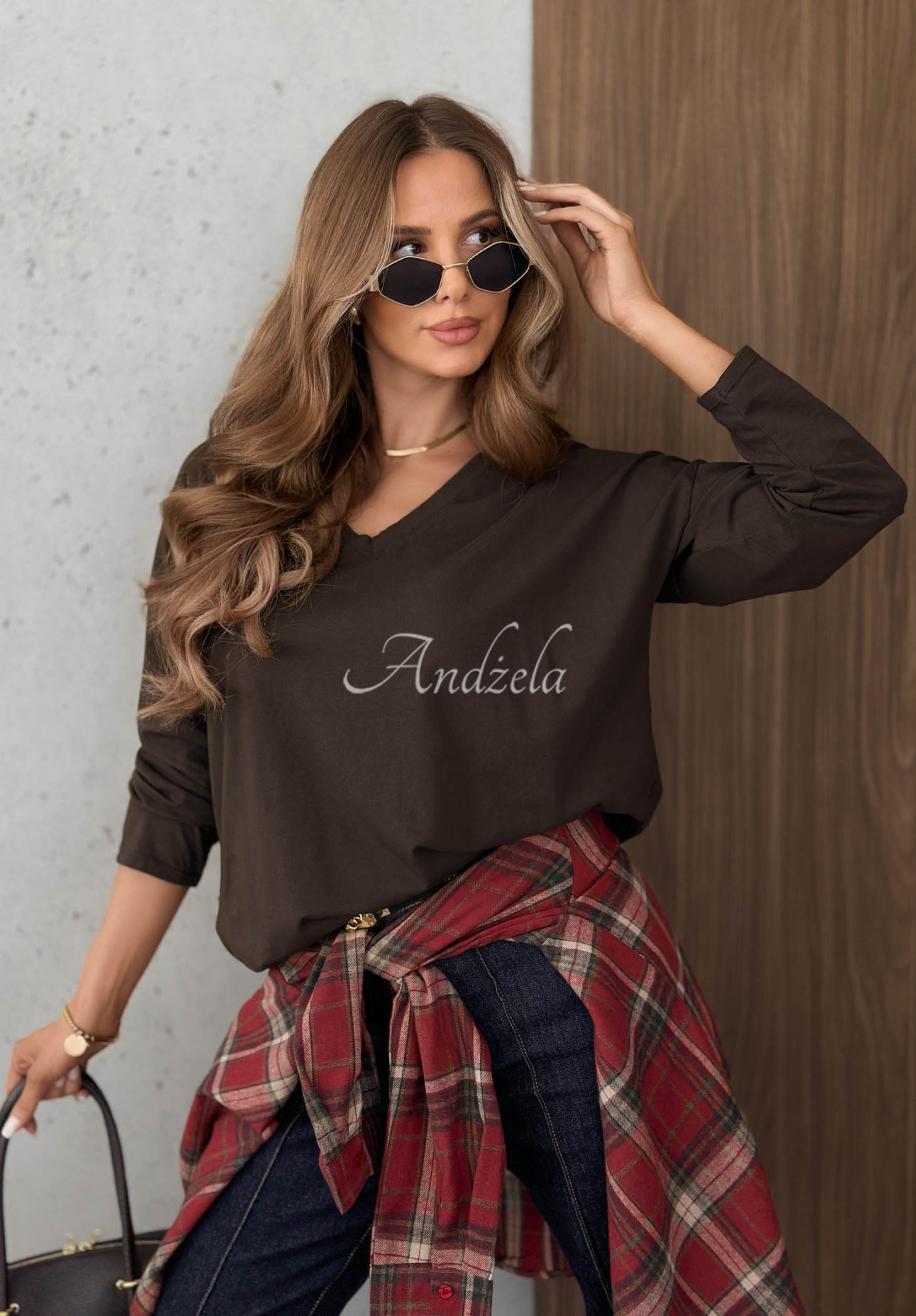 Daily Style Chocolate-Colored Long-Sleeve Cotton Blouse with V-Neck